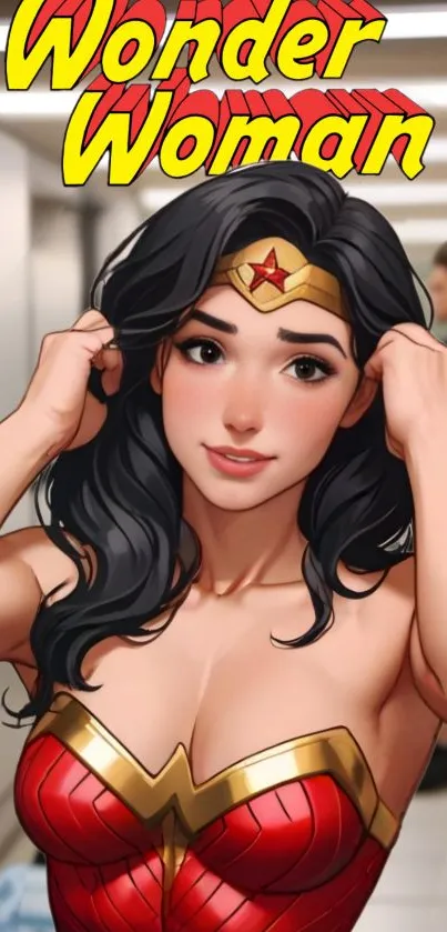 Wonder Woman cartoon art in vibrant colors on mobile wallpaper.