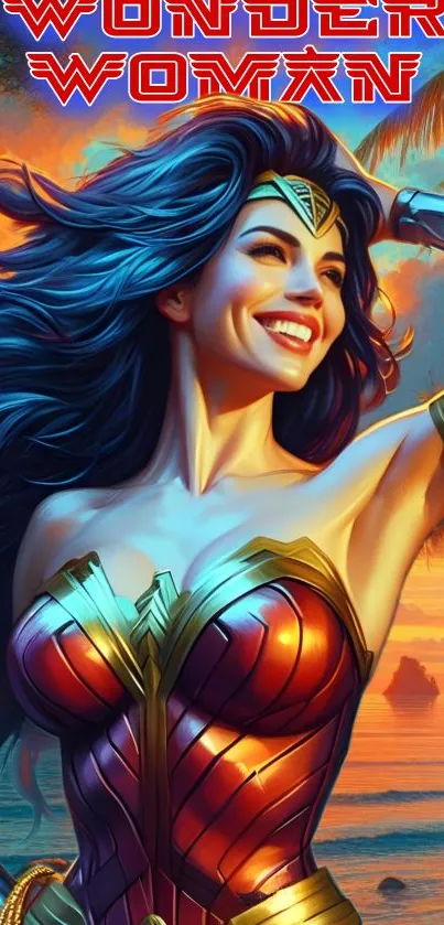 Wonder Woman stands heroically by a sunset-lit beach.