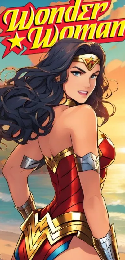 Wonder Woman on a sunny beach with vibrant colors.