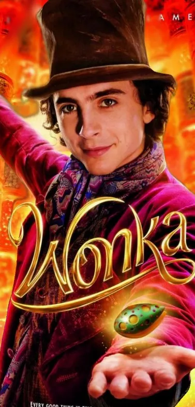 Colorful 'Wonka' movie poster with red and vibrant design.