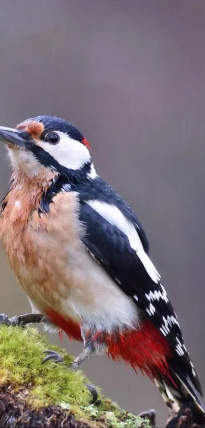 Close-up of a vibrant woodpecker on a mossy branch, perfect for mobile wallpaper.