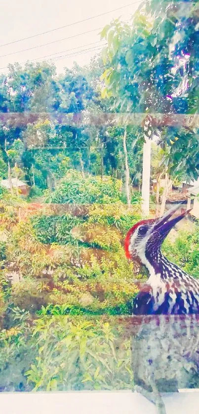 Vibrant woodpecker perched in a lush, scenic forest setting with green foliage.