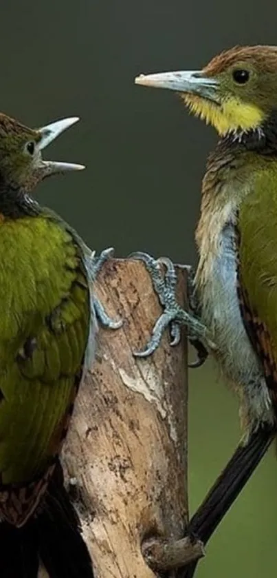 Two vibrant green and yellow woodpeckers perched on a tree trunk.