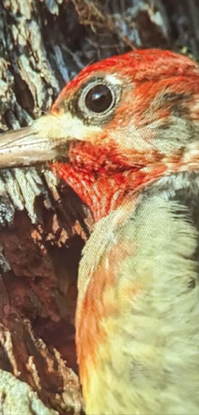 Close-up of a vibrant woodpecker on a tree.