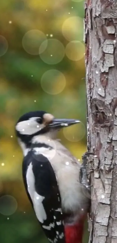 Woodpecker perched on a tree with a soft bokeh background.