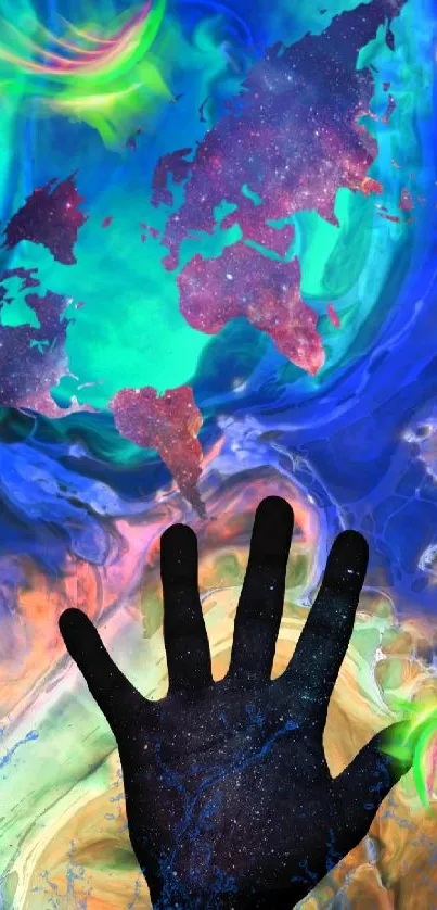 Abstract colorful wallpaper with hand and world map overlay.