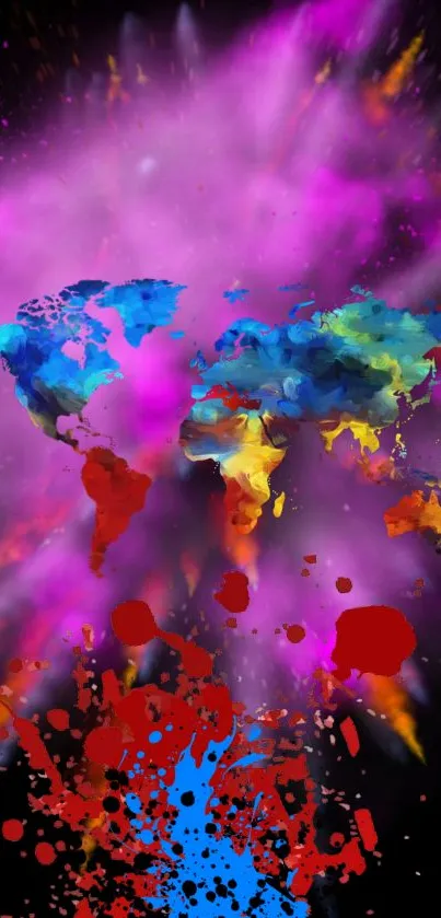 Colorful world map with vibrant abstract design and bright splashes of color.