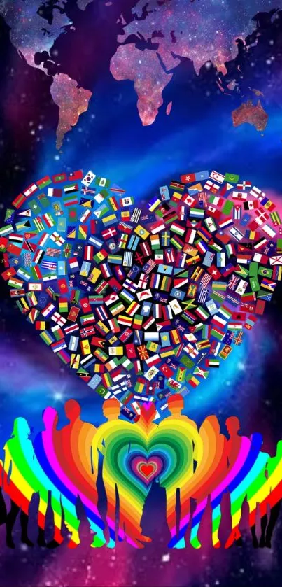 Colorful heart of flags under cosmic sky with silhouettes