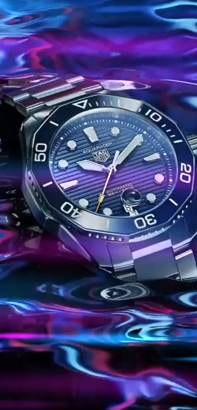 Water-resistant wristwatch on vibrant liquid background.