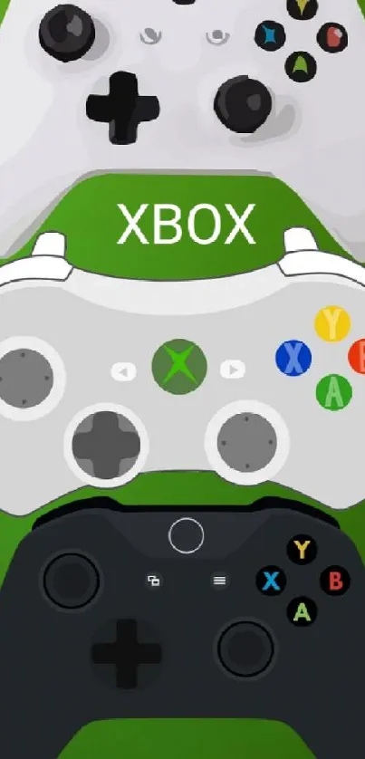 Vivid Xbox controllers on a green wall with a ladder.