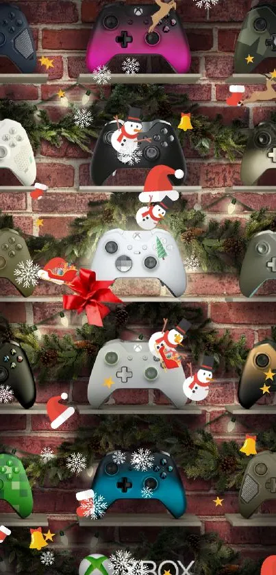 Vibrant Xbox controllers in holiday setting on brick wall.