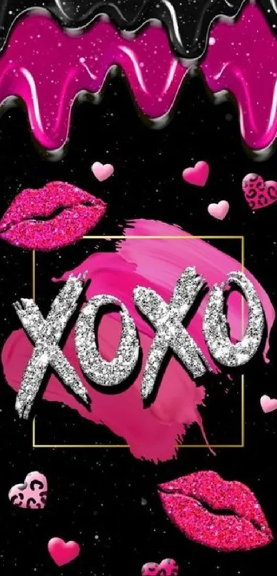 Vibrant wallpaper with XOXO text, pink lips, and glitter hearts.