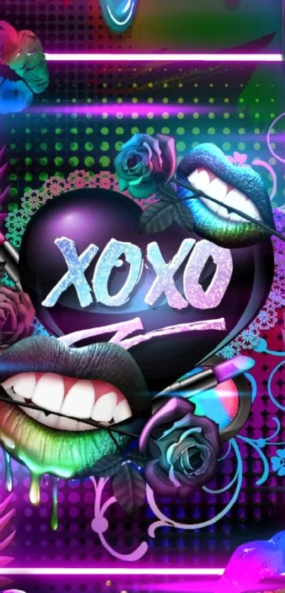 Vibrant XOXO neon lips and heart design wallpaper with colorful elements.