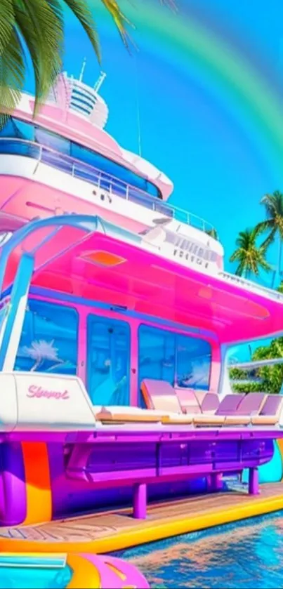 Vibrant yacht with a rainbow in a tropical setting, perfect for mobile wallpaper.