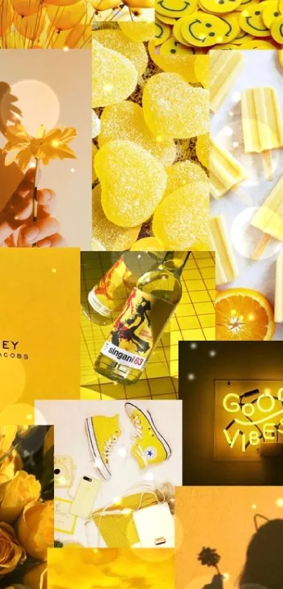 Yellow aesthetic collage wallpaper with sunflowers, smileys, and neon good vibes.