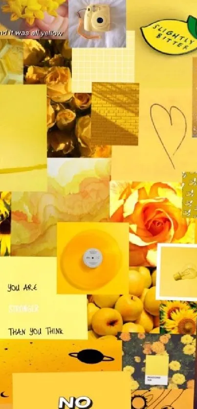 Vibrant yellow aesthetic collage wallpaper with quotes and sunflowers.