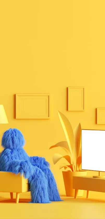 Yellow room with a blue figure seated, creating a striking art decor effect.