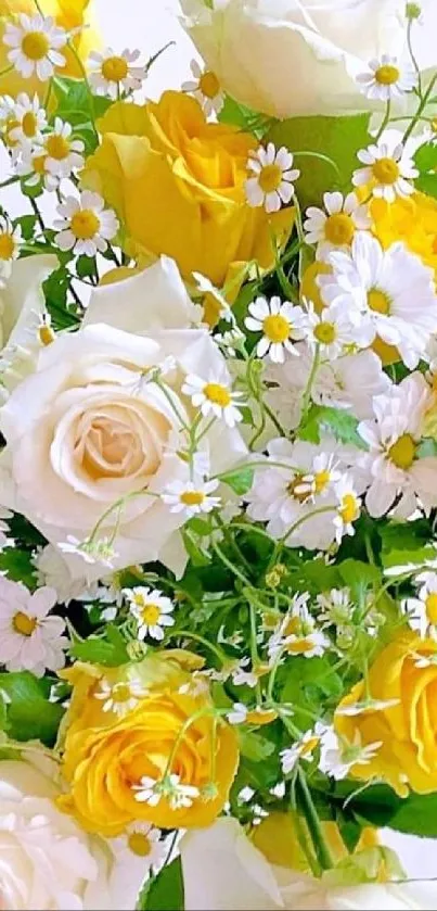 A bouquet of vibrant yellow and white roses with delicate daisies.