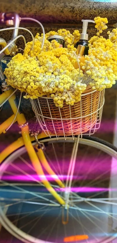 Yellow bicycle with flower basket wallpaper.