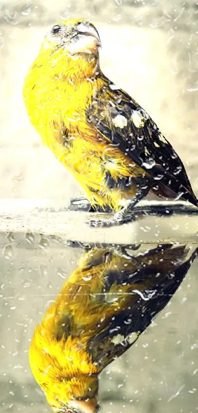 Yellow bird reflecting in water with raindrops on glass.