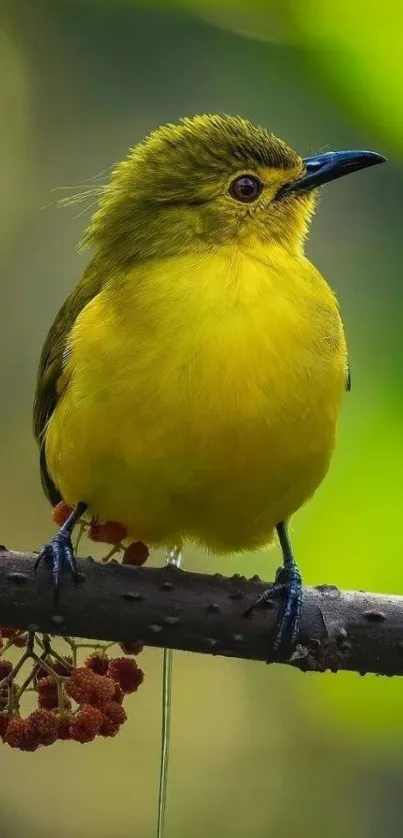 Vibrant yellow bird perched on a branch.