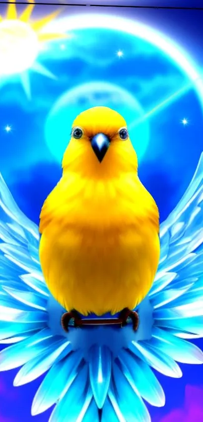 Yellow bird with blue wings on celestial background.