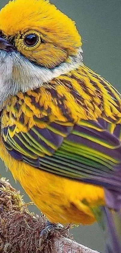 Vibrant yellow bird perched on a branch, showcasing detailed feathers.