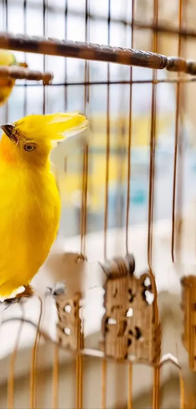 Yellow bird with vibrant plumage in a decorative cage.
