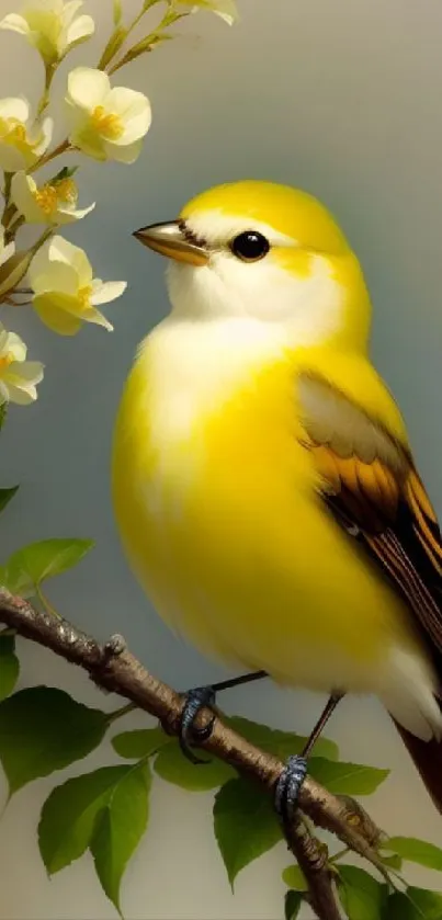 A vibrant yellow bird perched on a blossoming branch.