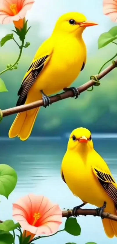 Two vibrant yellow birds perched on a branch with flowers.