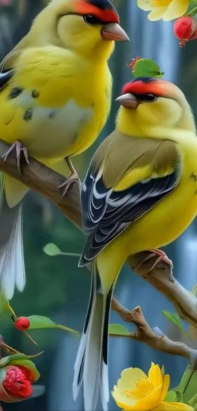 Yellow birds perched on flowering branches.