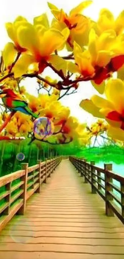 Vibrant yellow blossoms over a serene wooden walkway.