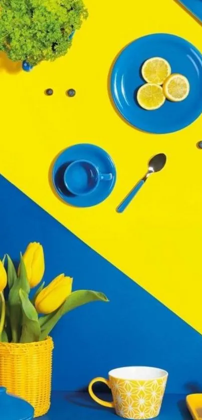 Yellow and blue decor with lemons and tulips wallpaper.