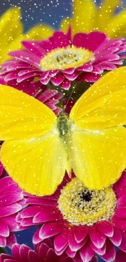 Yellow butterfly on pink and yellow flowers with vibrant colors.