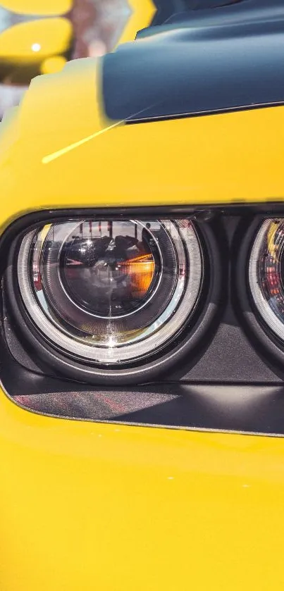 Closeup of a vibrant yellow car headlight showcasing sleek design.