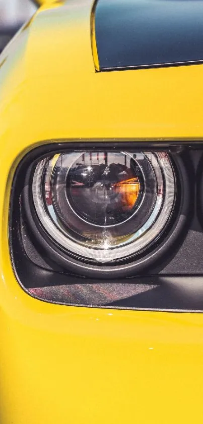 Close-up of a vibrant yellow car's headlight, showcasing sleek design.