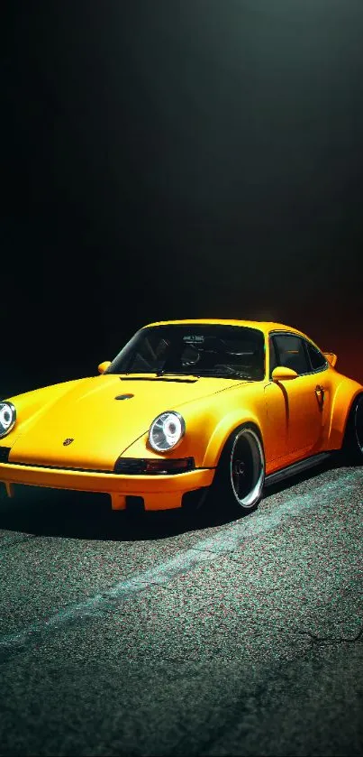 Vibrant yellow sports car on a dimly lit road wallpaper.