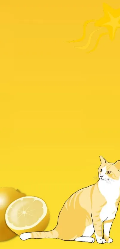 Illustrated yellow background featuring a cat and a lemon.