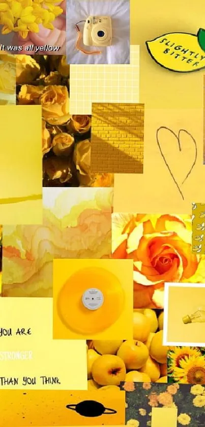 Vibrant yellow collage with flowers and lemons.