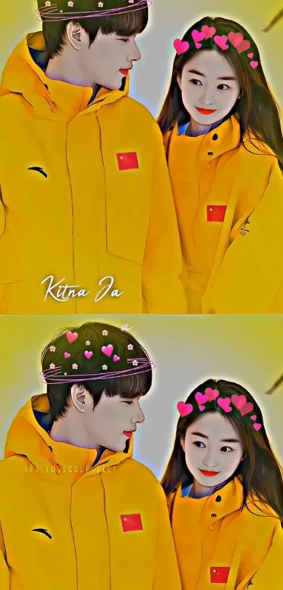 Couple in vibrant yellow outfits with a modern design vibe.