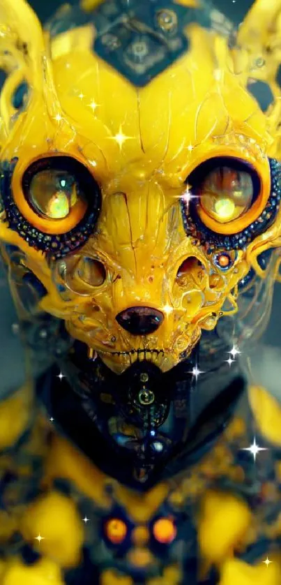 Vibrant yellow cyberpunk cat design with intricate details