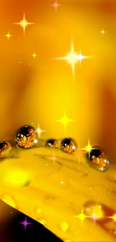 Vibrant yellow flower petal with sparkling dew drops and stars.