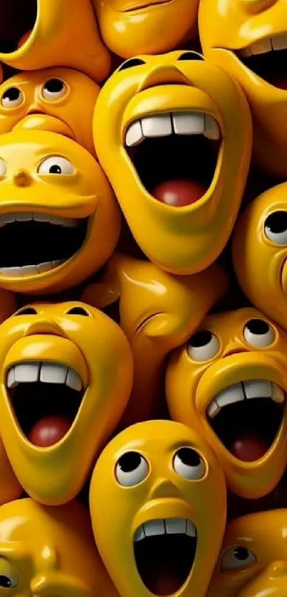 Bright yellow emoji wallpaper with joyful, expressive cartoon faces.