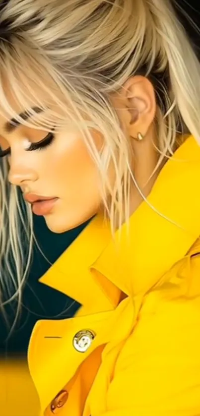 Portrait of a woman wearing a yellow coat with blonde hair