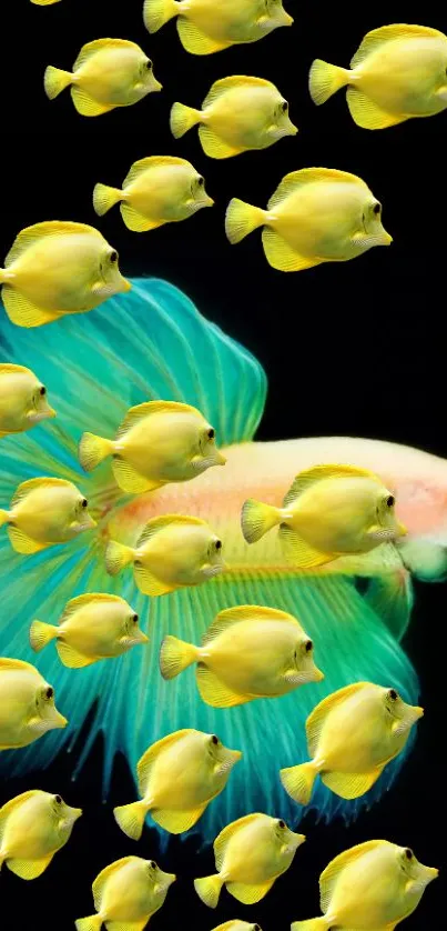 Vibrant mobile wallpaper with yellow fish on black background.