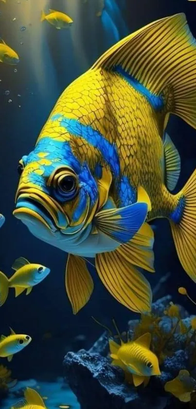 Vibrant yellow fish amidst marine scene with blue accents.