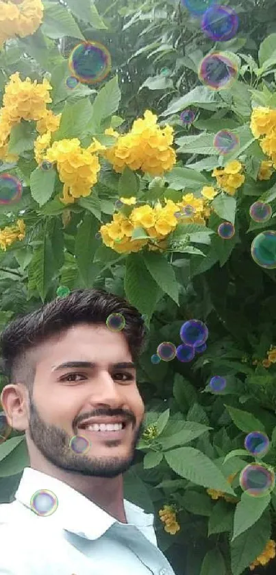 Mobile wallpaper with vibrant yellow flowers and lush green leaves.