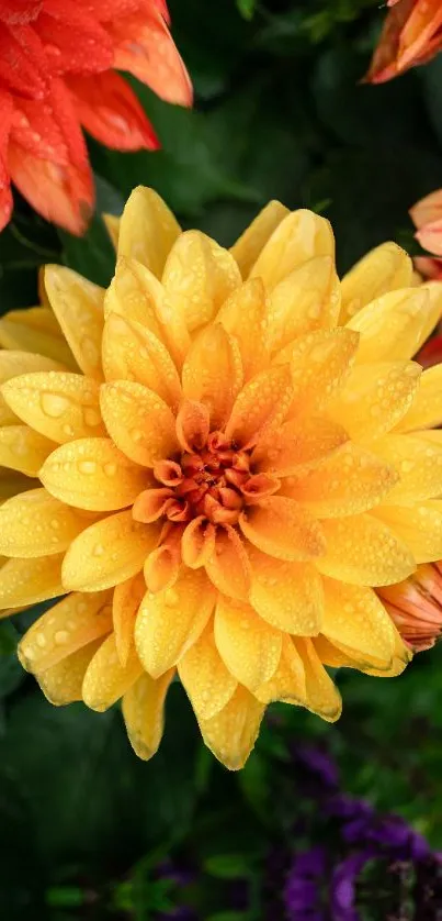 Vibrant yellow flower with raindrops and green foliage background.