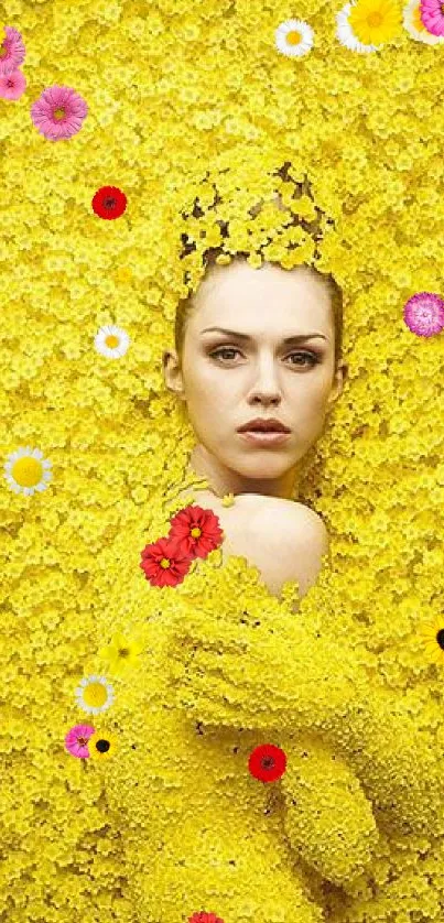 Artistic woman in a vibrant yellow floral setting.