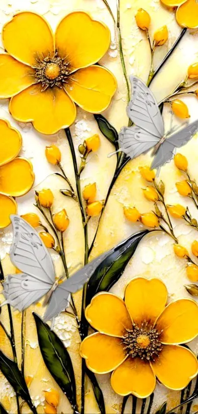 Vibrant yellow flowers with green stems on a phone wallpaper.